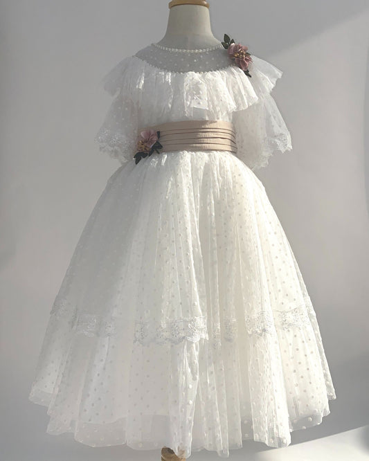 Puffy Cozy White Dress Dotted Tull Lace